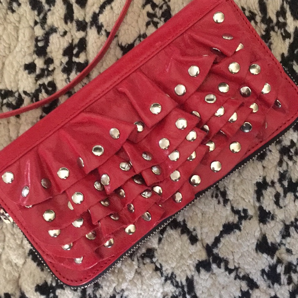 Red Leather studded Mini  wallet purse crossbody ruffle